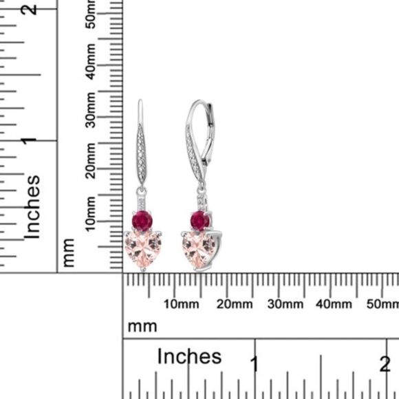 925 Sterling Silver with 3.03 Cttw Peach Morganite and Ruby Heart Drop Earrings - Picture 4 of 4